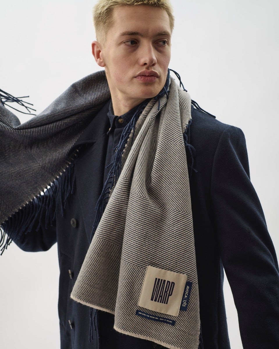 Navy & Cream Vertically Fringed Merino Scarf