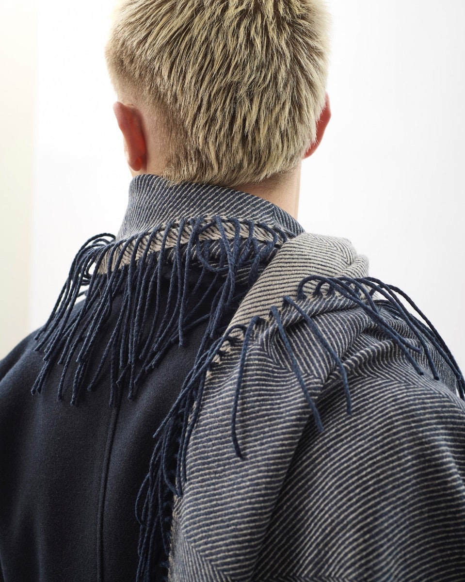 Navy & Cream Vertically Fringed Merino Scarf