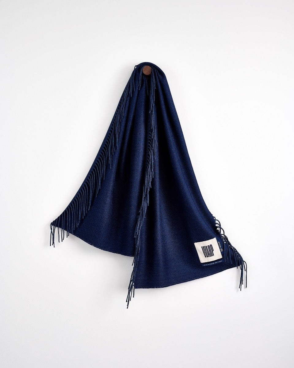 Navy Vertically Fringed Merino Scarf