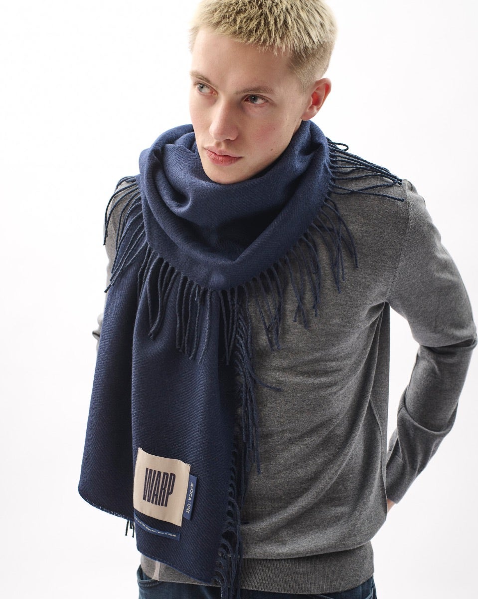 Navy Vertically Fringed Merino Scarf