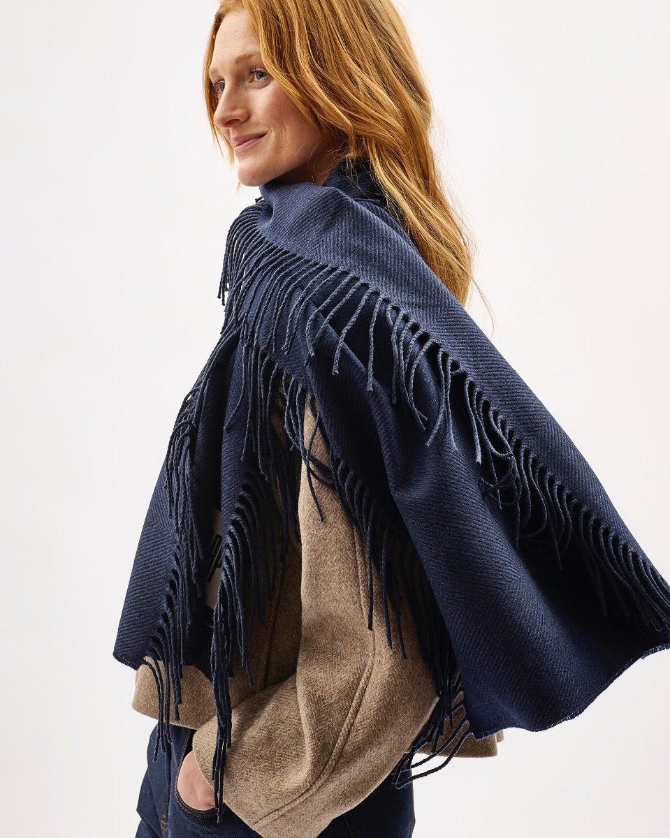Navy Vertically Fringed Merino Scarf