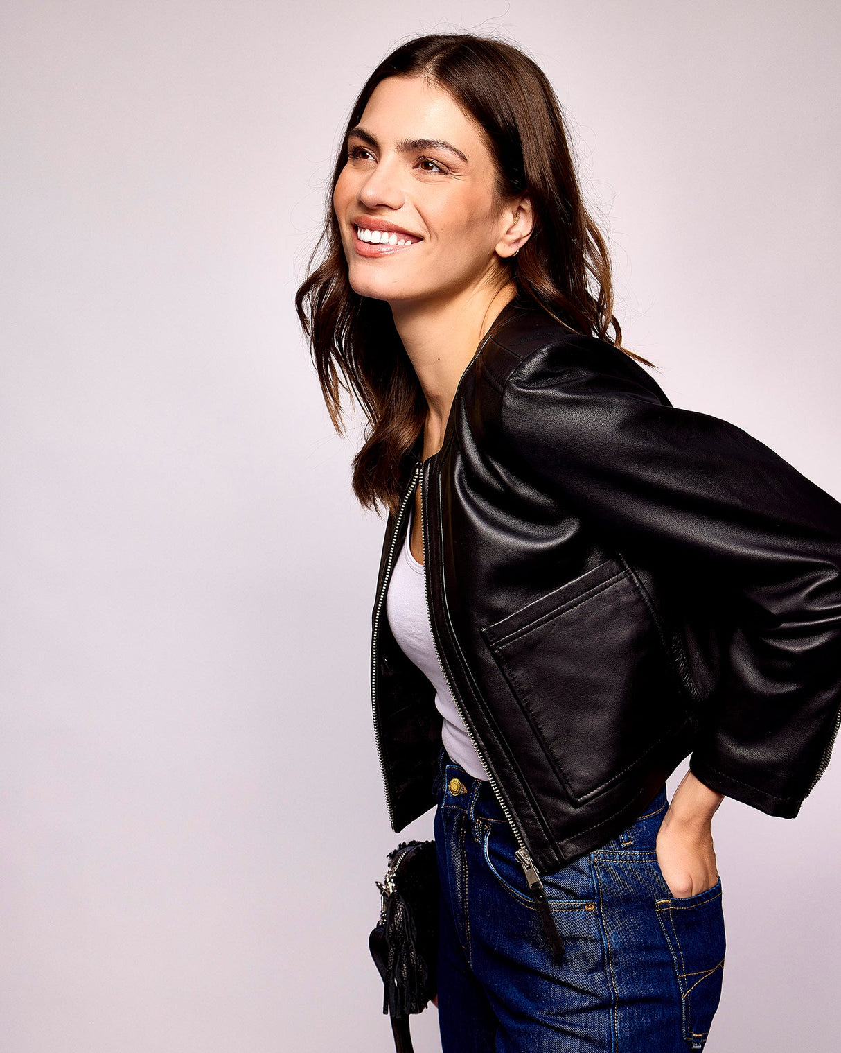 Black Leather Round Neck Jacket