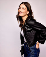 Black Leather Round Neck Jacket