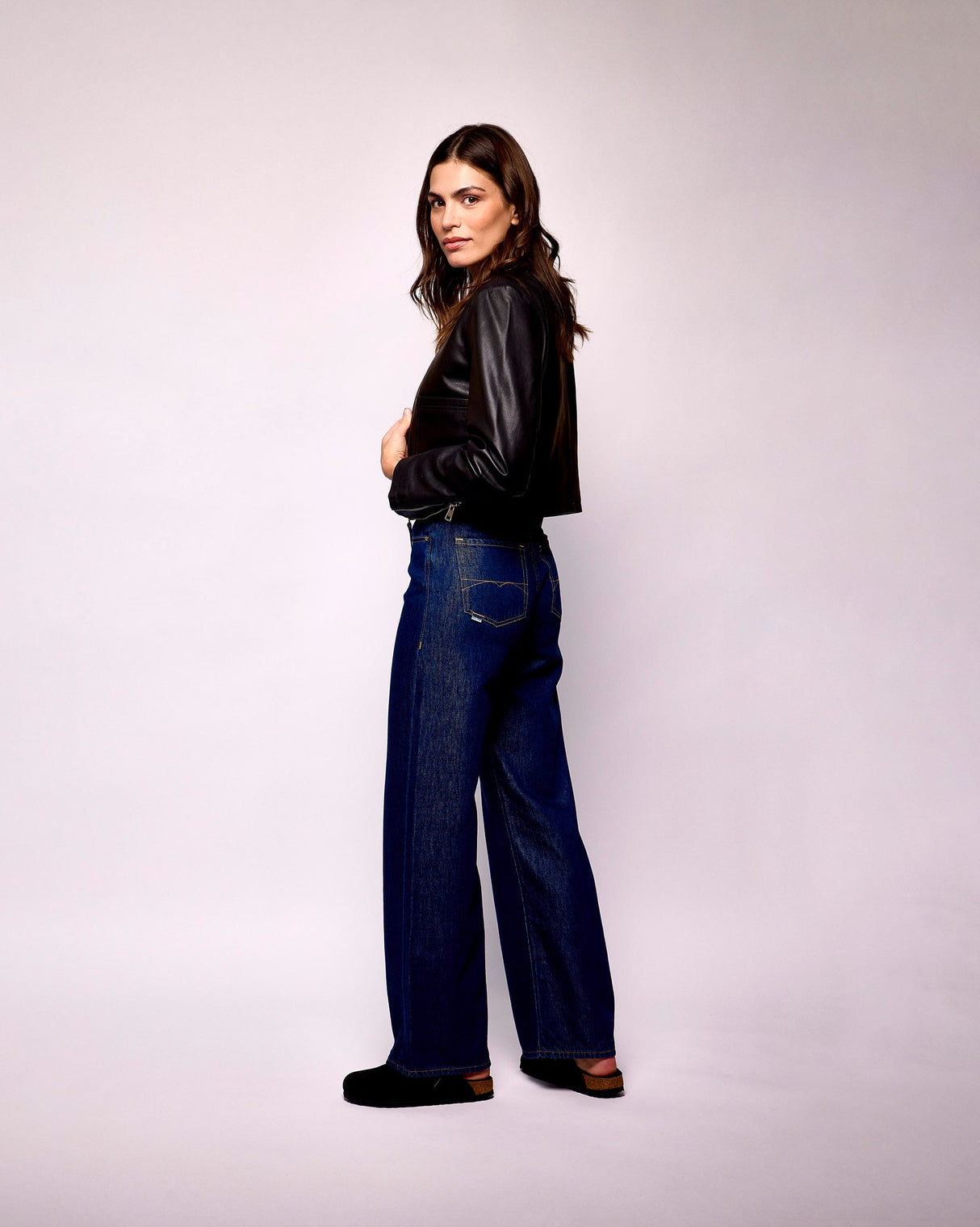 Black Leather Round Neck Jacket